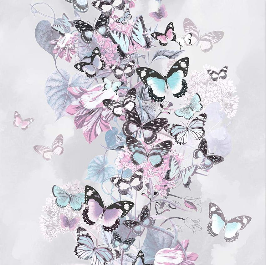 Grey Pink Blue Floral Butterfly Glitter Botanical Y�L Summertime: .uk: DIY & Tools, Pink Flower Butterfly HD wallpaper