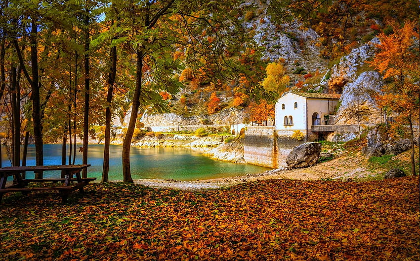 cottage, Lake, Fall, Camping, Italy, Trees, Hill, Yellow, Orange, Green, Blue, Nature, Landscape / and Mobile Background HD wallpaper