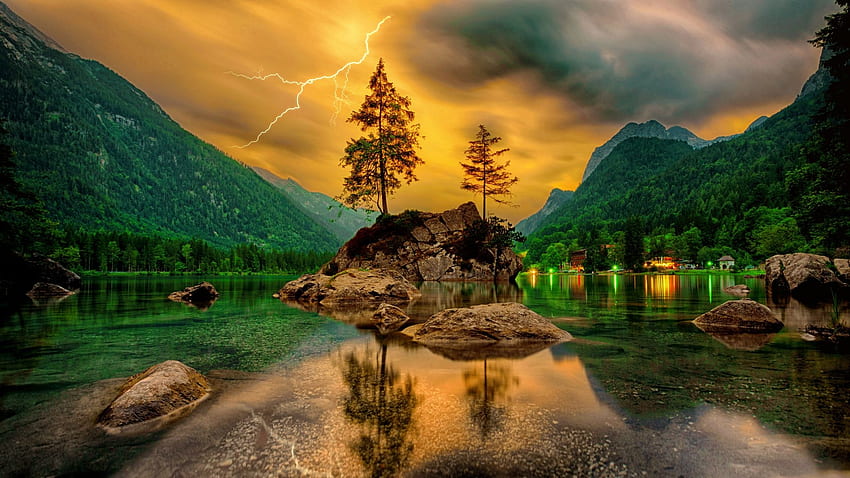Before the storm, trees, clouds, colors, sky, houses, rocks, mountains, landscape, lightning, lights HD wallpaper