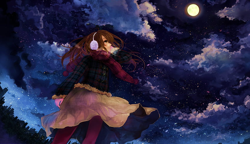 Up in the Sky, brown eyes, city, jacket, girl, night snow, anime, moon, clouds, brown hair, long skirt, ear muffs HD wallpaper