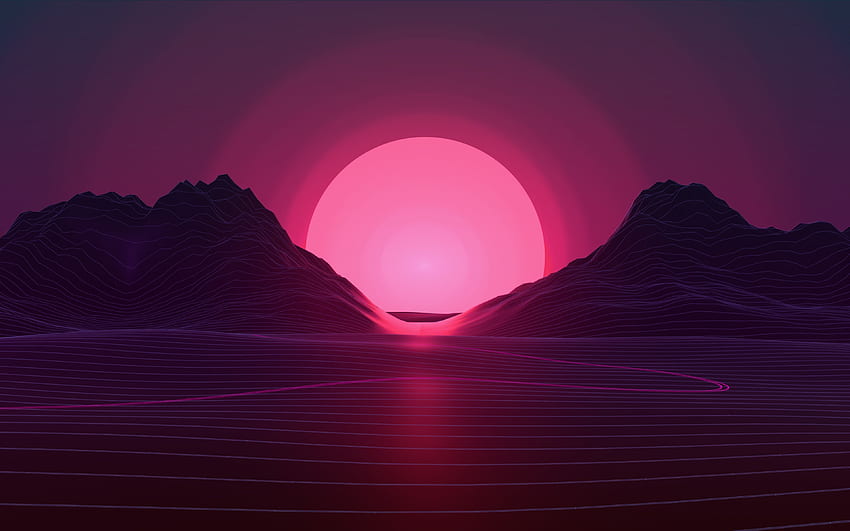 puesta de sol, sol rosa, paisaje abstracto, luces de neón, arte, paisaje abstracto simple fondo de pantalla