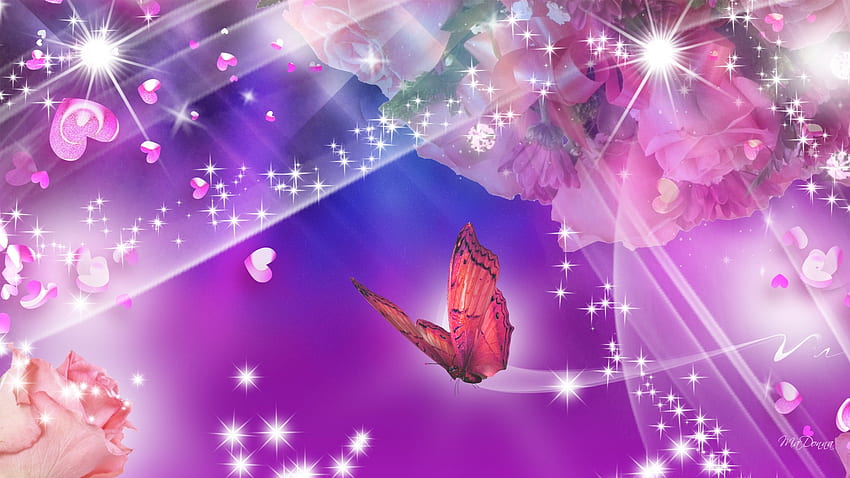 Mawar di Cerah, mawar, bintang, kilauan, kupu-kupu, cahaya, cerah, hati, bunga, hari kasih sayang Wallpaper HD