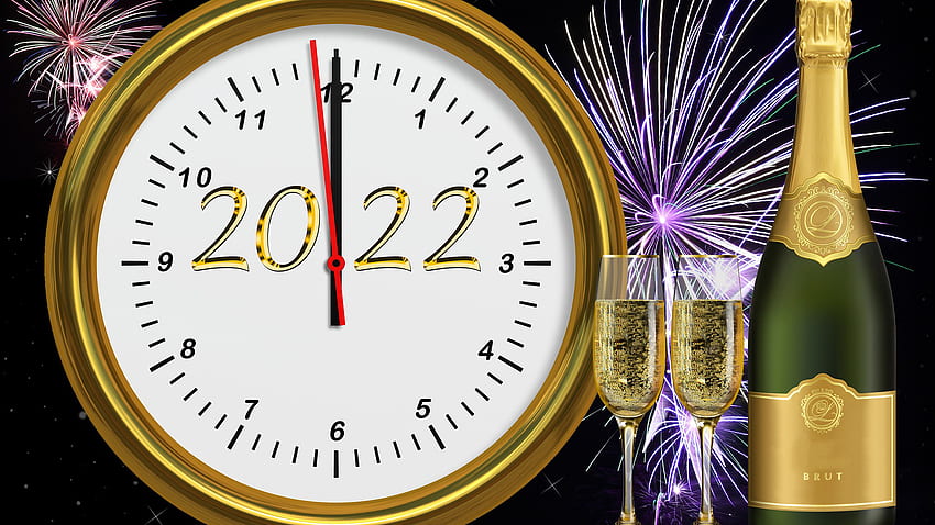 Clock Colorful Fireworks Wine Bottle Glasses 2022 Black Background 2022 HD wallpaper