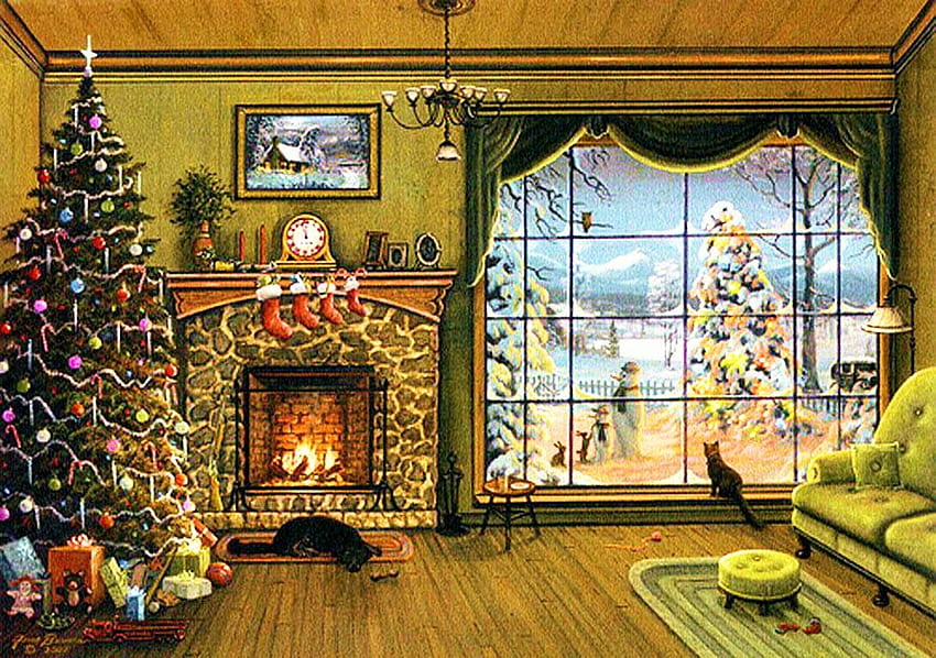 Weihnachten, Kunstwerk, Dekoration, Zimmer, Gemälde, Fenster, Ornamente, Schornstein, Baum HD-Hintergrundbild