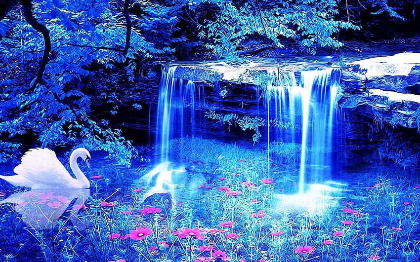 Swan waterfall flowers 3D HD wallpaper