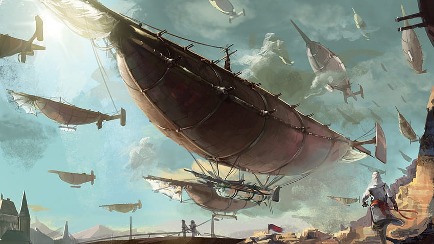 Troop steampunk airship and - , . Steampunk , Steampunk airship, Airship art, Airship Painting HD wallpaper