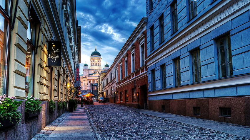cobblestone side street to cathedral in helsinki, buildings, cobblestone, street, clouds, cathedral HD wallpaper