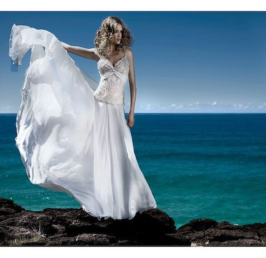 OCEAN BRIDE.., blu, bianco, cielo, sposa, vestito, acqua, donna, oceano Sfondo HD