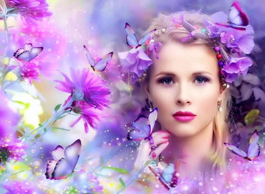 Beauty, butterflies, purple, beautiful, flowers, girl HD wallpaper