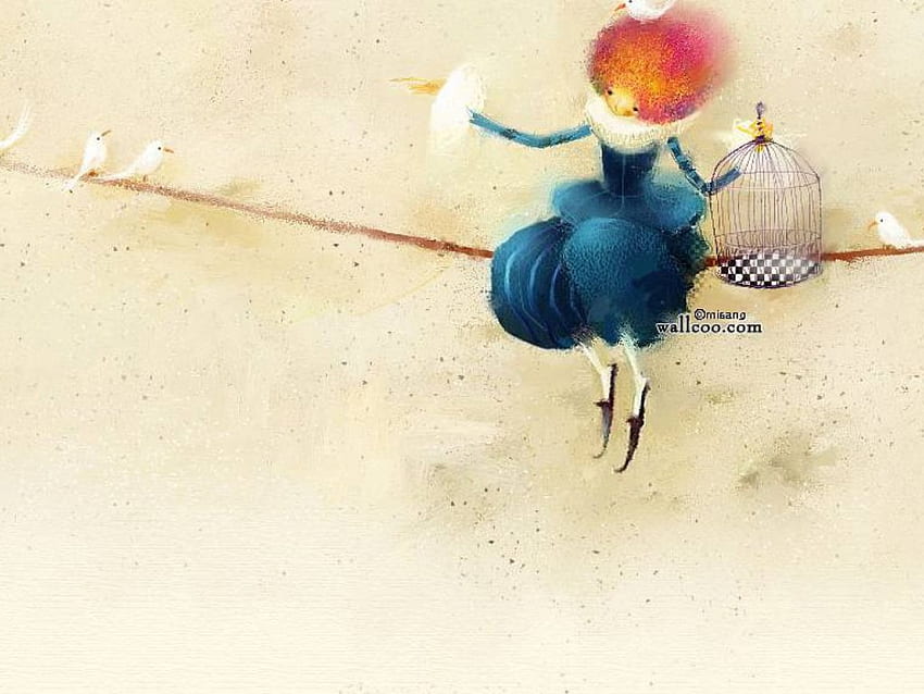Gadis dengan Merpati, sangkar burung, nona, merpati, tali pengikat Wallpaper HD