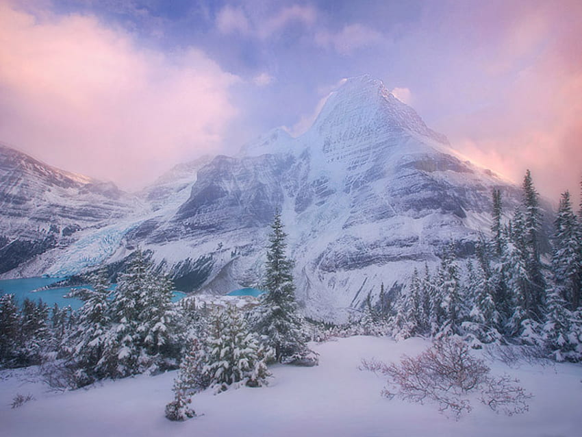 Mount Robson, British Columbia, winter, mtrobson, rockymountains, rockies, snow, clouds, nature, canada HD wallpaper