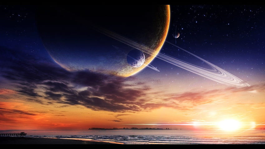 夕焼けの海の惑星の空、、日没時の海の上の惑星。 夕日 , 宇宙芸術, 惑星と月, 火星の夕日 高画質の壁紙