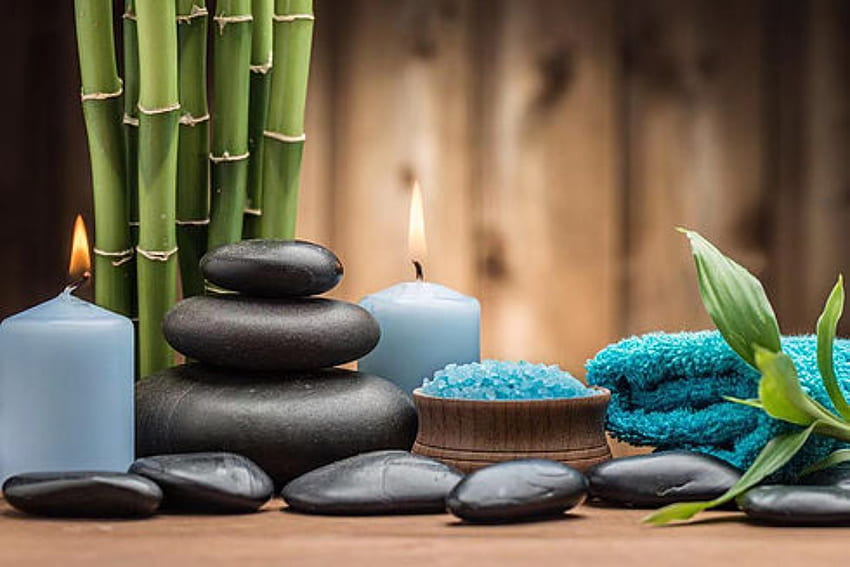 Conceito de spa com pedras e sal, bambu, velas, pedras, toalha papel de parede HD