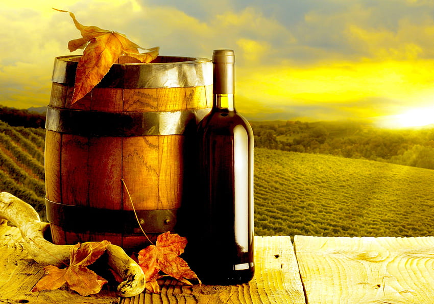WINO, tło, liście, czerwień, jesień, beczka, butelka, winnice Tapeta HD