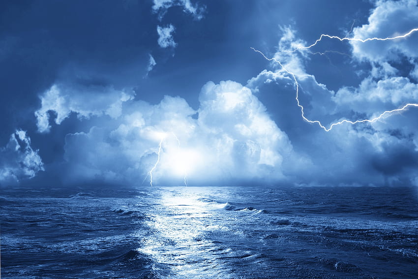 Whole gale, sea, lightning, clouds, nature, forces of nature, storm, ocean HD wallpaper