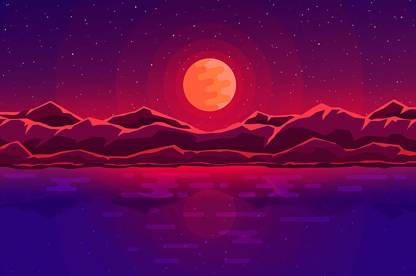 Moon Rays Red Space Sky Montagnes abstraites, Pixel Sky Fond d'écran HD