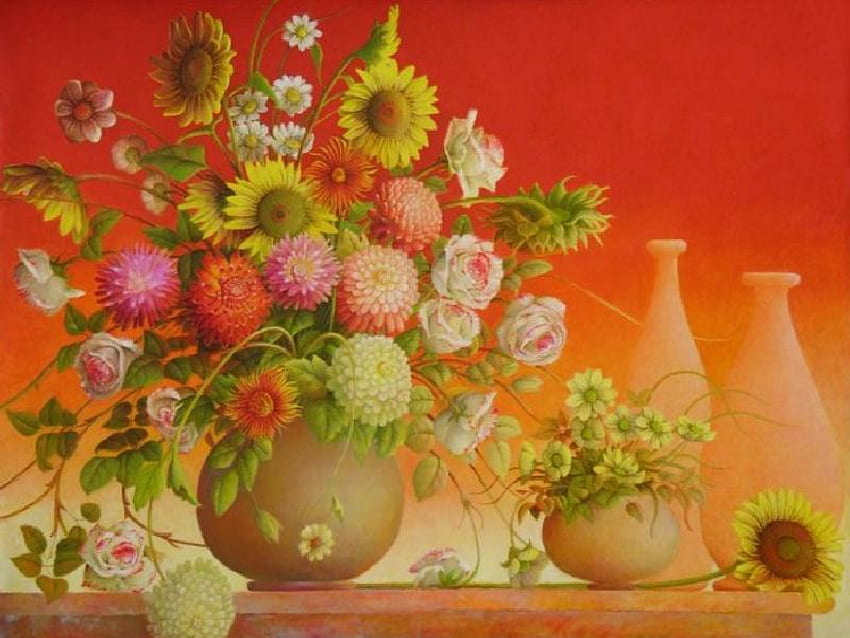Autumn Bouquet, table, painting, vase, flowers, pottery HD wallpaper