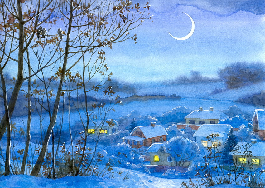 冬, 家, アート, 夜, 雪, , 月, 村 高画質の壁紙