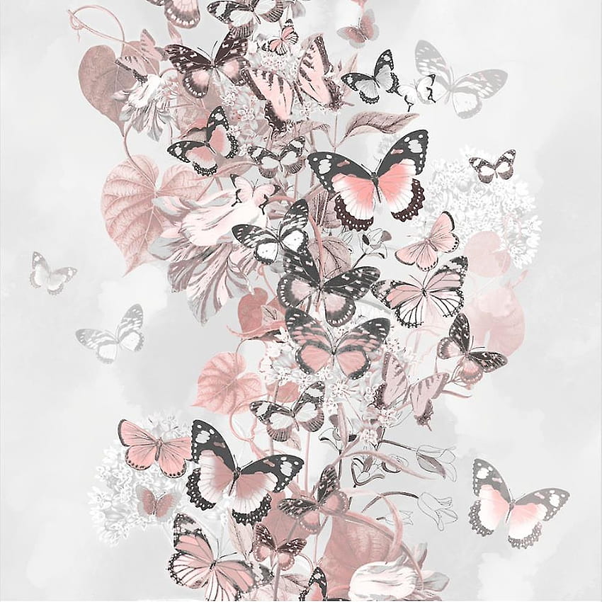 Różowy Szary Niebieski Różowe Złoto Kwiatowy Motyl Brokat Muriva Summertime, Różowe Złote Motyle Tapeta na telefon HD