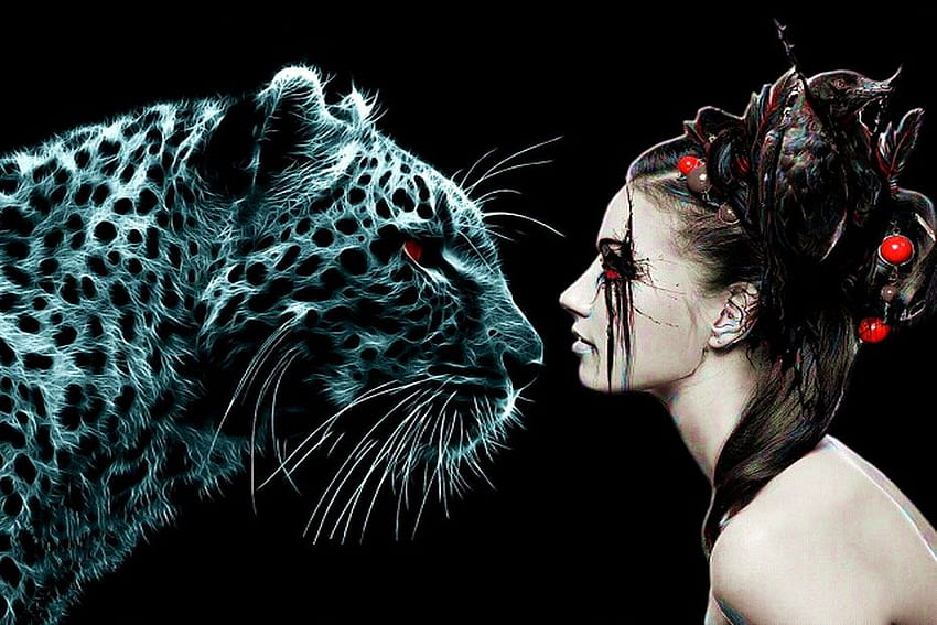 Leopard & Lady, leopard, 3d, art, beautiful, woman HD wallpaper