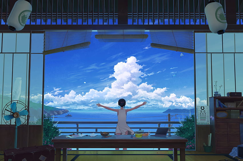 Art, Sea, Clouds, Girl, Terrace HD wallpaper