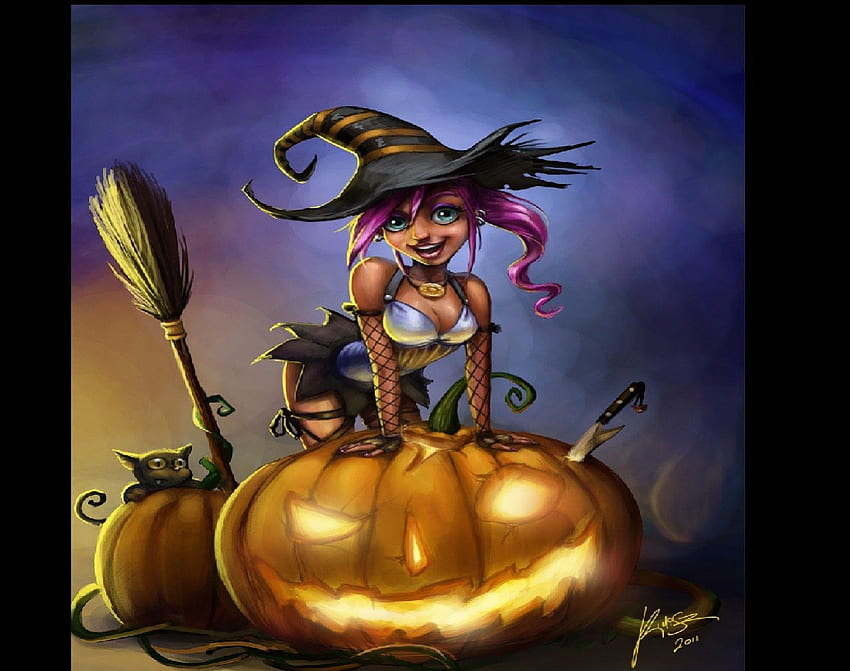 Wesołego Halloween, nóż, dynie, kot, miotła, czarownica Tapeta HD