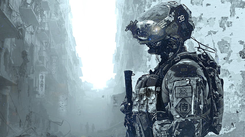 Soldado con traje táctico negro sosteniendo una ilustración de rifle fondo de pantalla