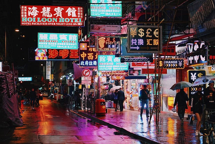 Night time scene of a city street with several neon lights and signs over people walking around with. Hong kong graphy, Places in hong kong, Hong kong travel HD wallpaper