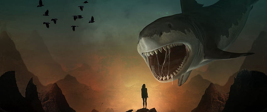 シルエット、サメ、アート、口、歯、捕食者、錯覚デュアル ワイド背景、2560X1080 サメ 高画質の壁紙