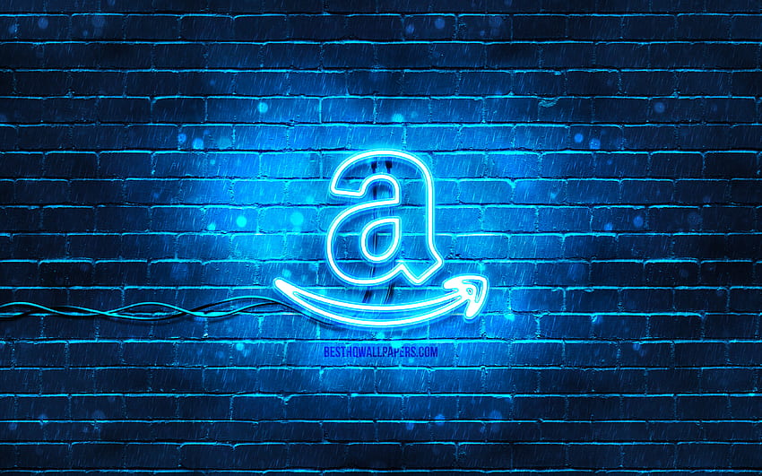 Amazon blue logo, , blue brickwall, Amazon logo, brands, Amazon neon logo, Amazon HD wallpaper