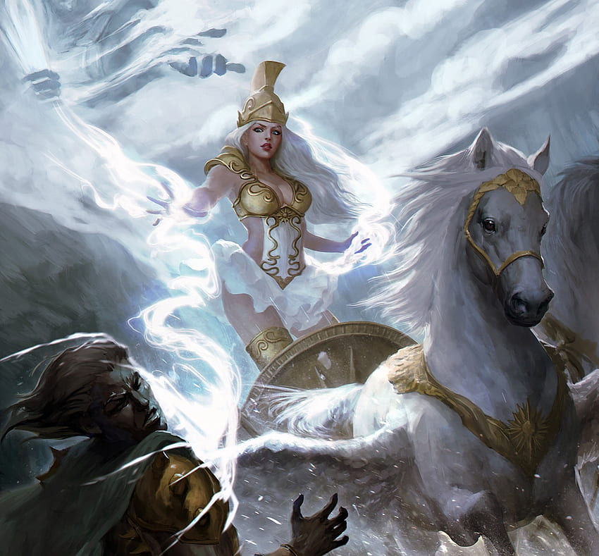 Olympia, white, horse, frumusete, cal, girl, goddess, fantasy, luminos, caterina kalymniou HD wallpaper