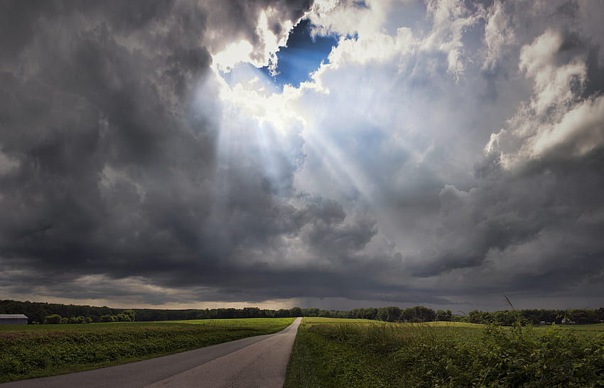 Field grass trees road sky skylight rays clouds storm | | 112739 | UP HD wallpaper