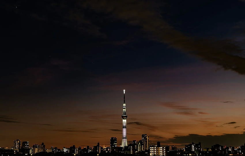 şehir, ışıklar, karanlık, Japonya, alacakaranlık, kule, nehir, gökyüzü HD duvar kağıdı