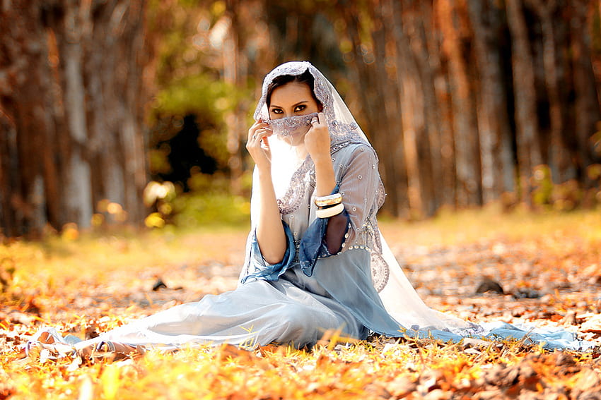 Veiled Beauty, lady, leaves, sitting, banglesbeauty, bright, trees, autumn, veiled HD wallpaper