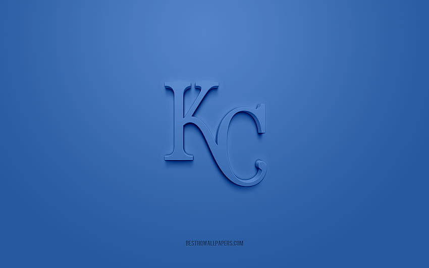 カンザスシティ・ロイヤルズのエンブレム、クリエイティブな3Dロゴ、青の背景、アメリカの野球クラブ、MLB、ミズーリ州、アメリカ、カンザスシティ・ロイヤルズ、野球、カンザスシティ・ロイヤルズの記章 高画質の壁紙