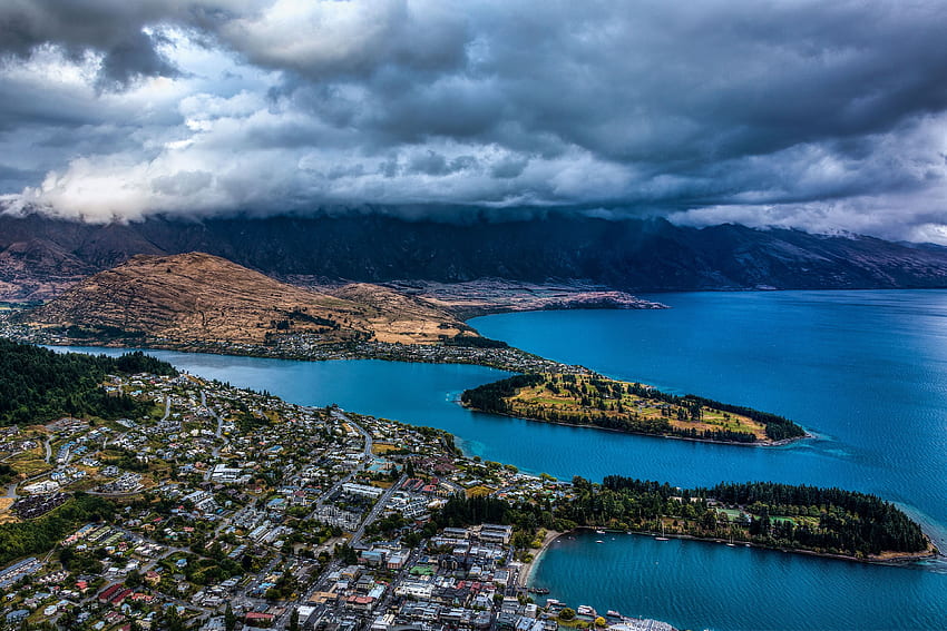 Alam, Pegunungan, Awan, Kota, Pemandangan Dari Atas, Danau, Selandia Baru Wallpaper HD