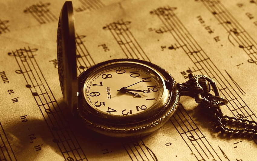 relojes, notas musicales, papel, sepia, vintage. Reloj antiguo, reloj de bolsillo, relojes antiguos fondo de pantalla