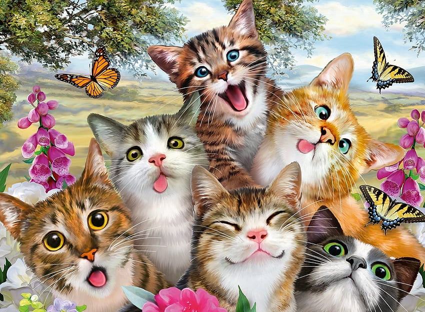Gatinho Engraçado, obras de arte, gatos, borboletas, pintura papel de parede HD