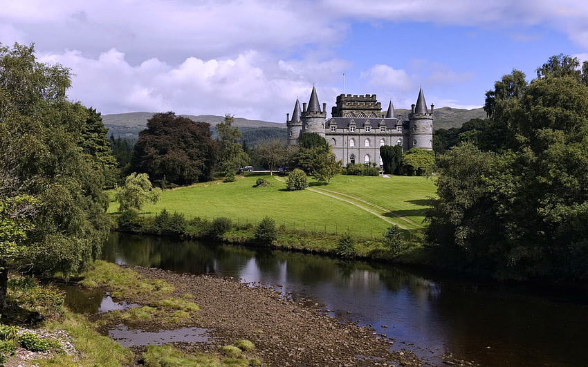 Inveraray Castle, Argyll, Шотландия, средновековен, река, замък, Шотландия HD тапет