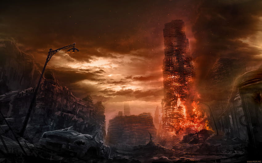 Romantik Apokaliptik Çizim Kıyamet Ateşli karanlık, Kıyamet Manzarası HD duvar kağıdı