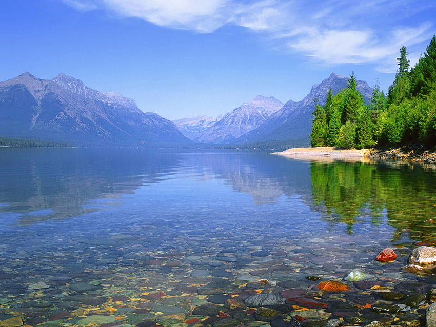 Klarer Bergsee, blau, Spiegel, Landschaft, Steine, Berg, See, Tag, Reflexion, hell, Bäume, Natur, Wasser, klar HD-Hintergrundbild