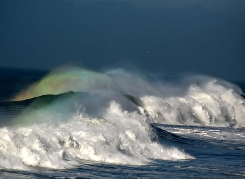 Rushing In, blue, sea fret, white, waves, rainbow, sky, wild HD wallpaper