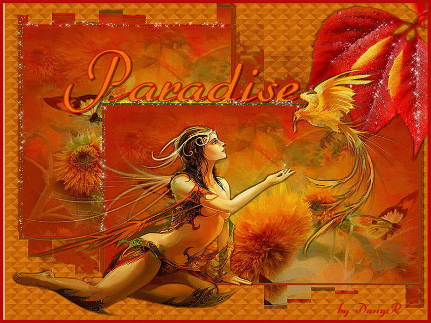 paradise, fairy, bird, burning, sunflower HD wallpaper