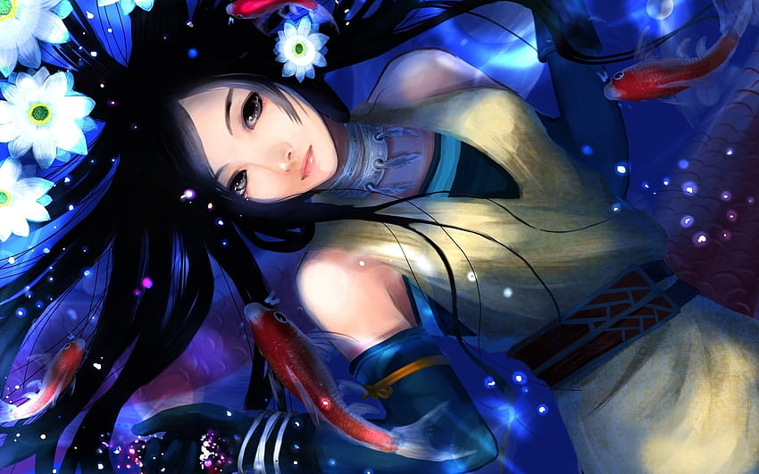 Anime, cabello largo, agua, flor. fondo de pantalla