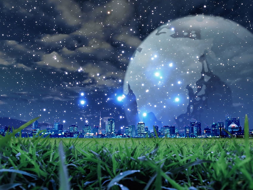 공상, 잔디, 밤, 눈, 도시, 행성 HD 월페이퍼