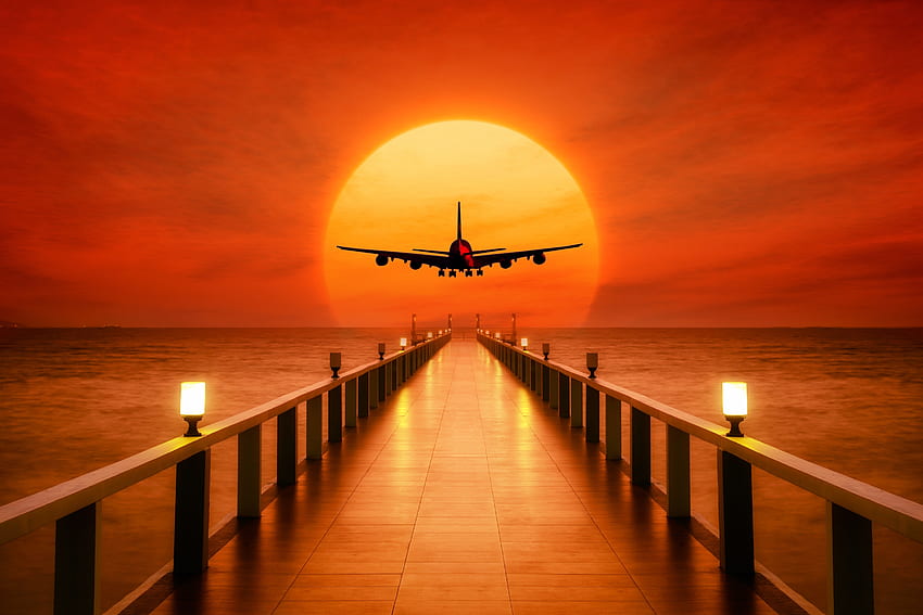 Pesawat terbang, lompat, dermaga, matahari terbenam Wallpaper HD