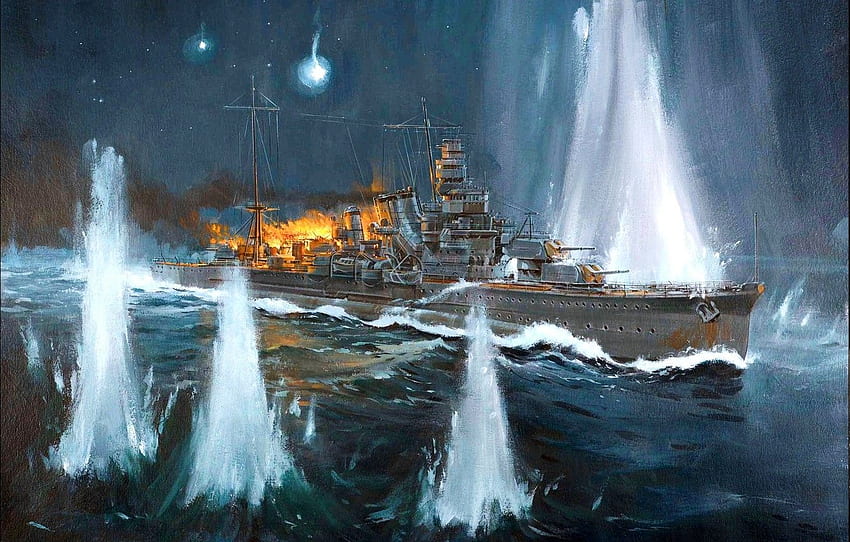 火、煙、フィギュア、アート、ショット、日本語、海戦、第二次世界大戦、フルタ、新しいジョージア海峡 (スロット)、重巡洋艦、1942 年 11 月 10 日、エスペランス岬、セクション оружие 高画質の壁紙