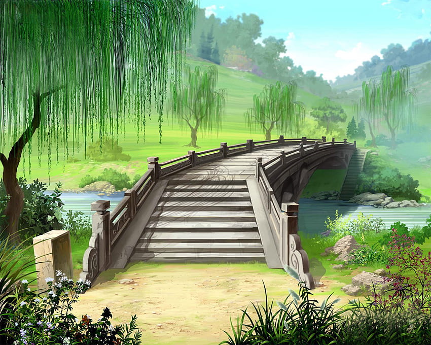 Mystical, stonepost, steps, trees, bridge, sky, hill, stream HD wallpaper