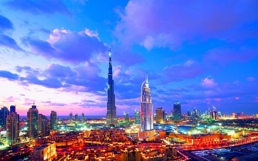 일몰 r, 고층 빌딩, 도시, 구름, 색상, r, 일몰에서 화려한 두바이 HD 월페이퍼