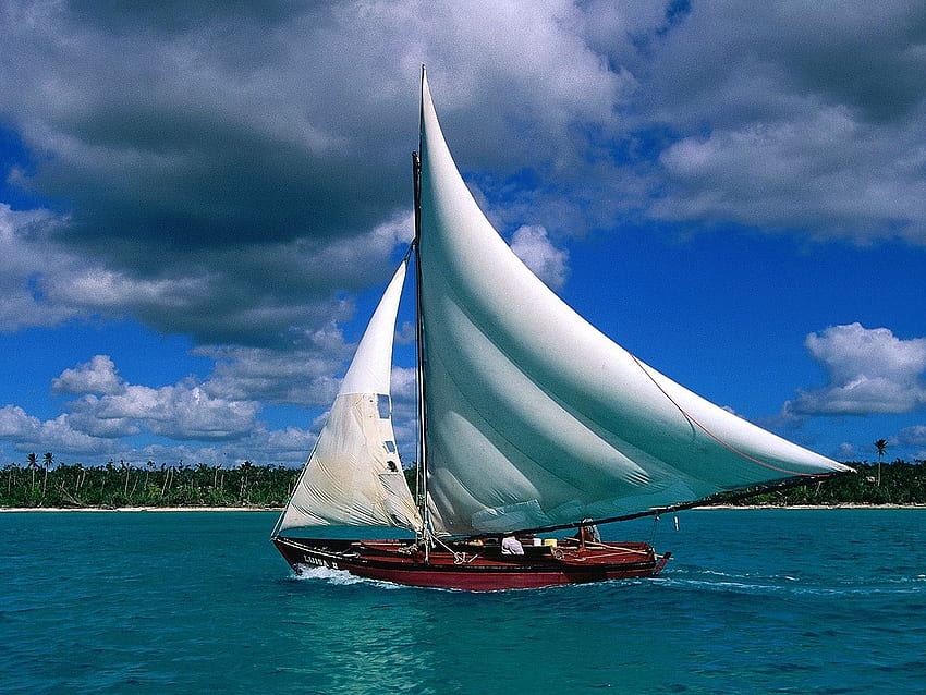 Boat, sails, sky, ocean HD wallpaper